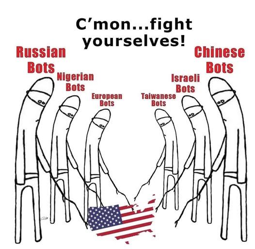 c'mon ... fight yourselves - a pic of 6 people poking america with a stick labeled russian, nigerian, european, taiwanese, israeli, and chinese bots