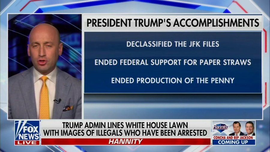 President Trump's accomplishments
declassified jfk files
ended fed support for paper straws
ended production of the penny

fox news trump admin lines white house lawn with images of illegals who have been arrested