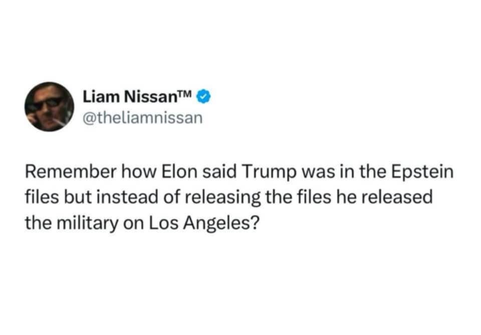 @theliamnissan

remember how elon said trump was in the epstein files but instead of releasing the files he released the military on los angeles?