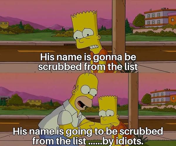 1 - bart simpson looking so upset - 'His name is gonna be scrubbed from the list'        

2 - homer puts his hand on bart's shoulder 'His nameis going to be scrubbed from the list ......by idiots.