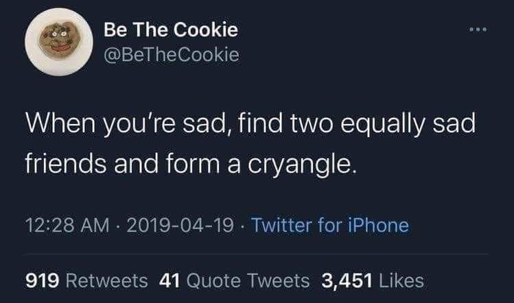 @bethecookie

When you're sad, find two equally sad friends and form a cryangle. 