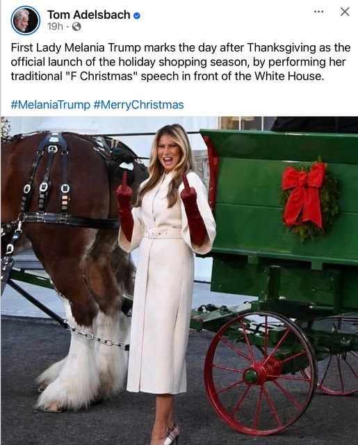 Tom Adelsbach -  First Lady Melania Trump marks the day after Thanksgiving as the official launch of the holiday shopping season, by performing her traditional "F Christmas" speech in front of the White House. [pic of melania sticking up two middle fingers in front of the horse and cart with the xmas tree in it