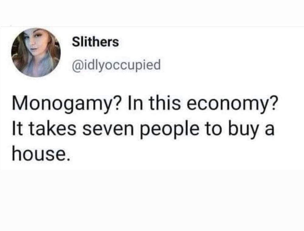 @idlyoccupied on X

Monogamy? In this economy? It takes seven people to buy a house.