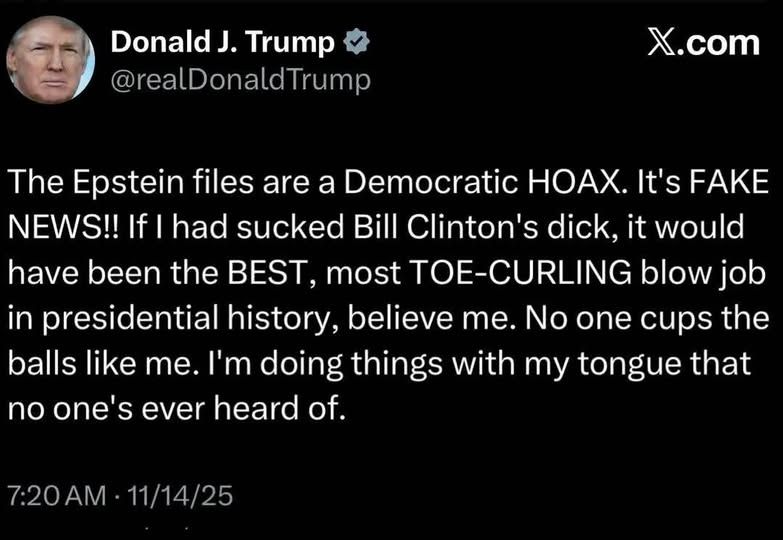 @realdonaldtrump - The Epstein files are a Democratic HOAX. It's FAKE NEWS!! If I had sucked Bill Clinton's dick, it would have been the BEST, most most TOE-CURLING blow job in presidential history, believe me. No No one cups the balls like me. ' doing things with my tongue that no one's ever heard of.