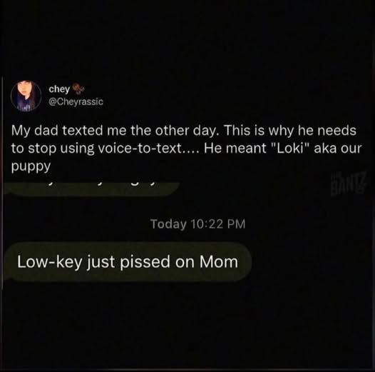 @cheyrassic - my dad texted me the other day. this is why he needs to stop using voice-to-text....he meant "Loki" aka our puppy        

today 10:22 pm - low-key just pissed on mom