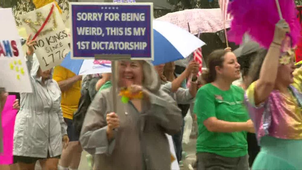people protesting at no kings day march and a sign says - sorry for being weird this is my first dictatorship