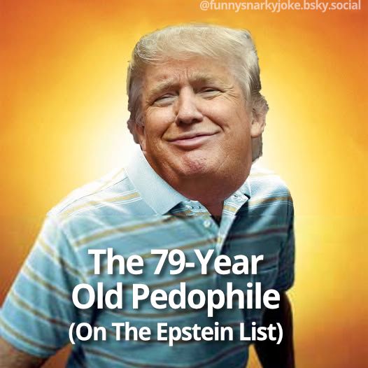 pic of 40 year old virgin pic with trump's head and it says the 79-year old pedophie (on the epstein list)