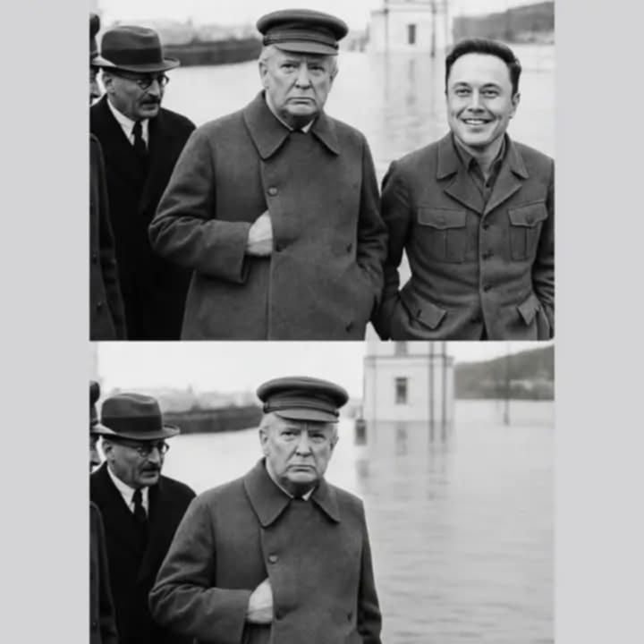 Stalin photo where people keep disappearing from it, but here the first pic, in the foreground is trump (dressed like stalin) and elon musk

the second photo, elon musk has been erased