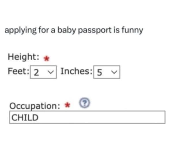 applying for a baby passport is funny Height: 2 feet 5 inches Occupation: CHILD