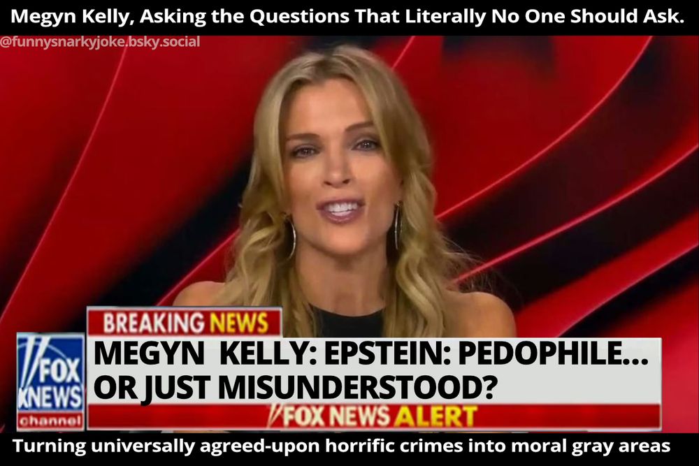 megyn kelly, asking the questions that literally no one should ask - breaking news - fox knews - megyn kelly: epstein: pedophile...or just misunderstood - turning universally agreed-upon horrific crimes into moral gray areas - [pic of megyn kelly]