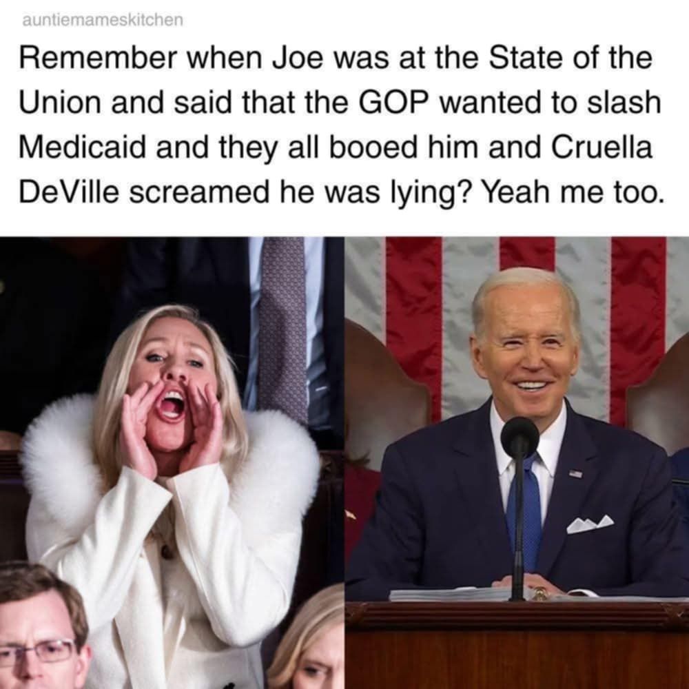 auntiemameskitchen Remember when Joe was at the State of the Union and and said that the GOP wanted to slash Medicaid and they all booed him and Cruella DeVille screamed he was lying? Yeah me me too.