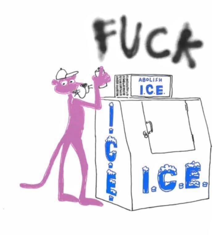 pink panther putting "FUCK" with spray paint over an I.C.E. machine