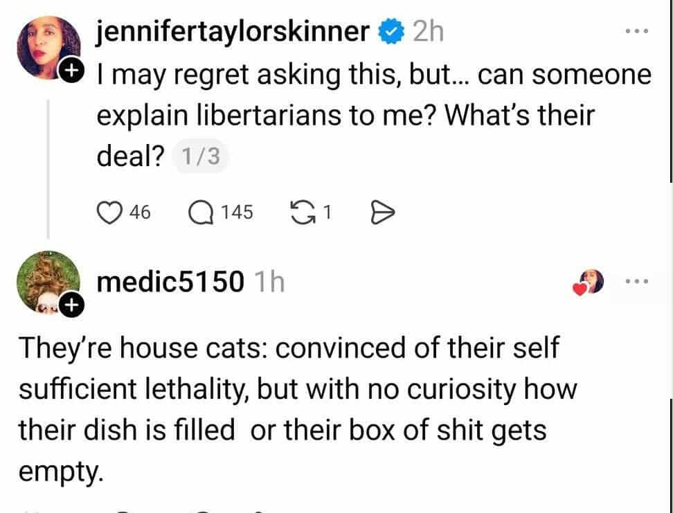 jennifertaylorskinner : I may regret asking this, but... can someone explain libertarians to me?

medic5150 replies: They're house cats: convinced of their self sufficient lethality, but with no curiosity how their dish is filled or their box of shit gets empty.