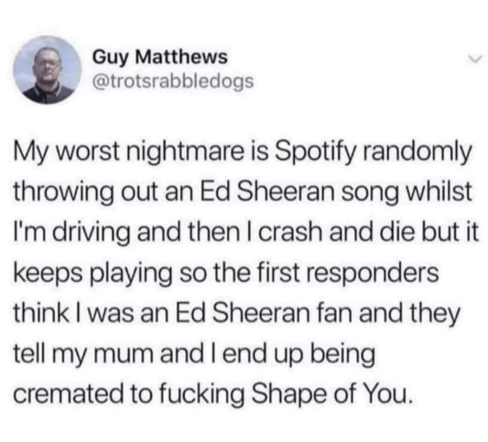 @trotsrabbledogs  on x

My worst nightmare is Spotify randomly throwing out an Ed Sheeran song whilst I'm driving and then I crash and die but it keeps playing so so the first responders think I was an Ed Sheeran fan and they tell my mum and I end up being cremated to fucking Shape of You.