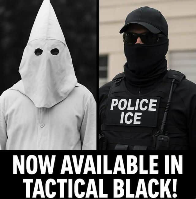 a guy in kkk hood robe and an ice agent in full black tactical gear

now available in tactical black