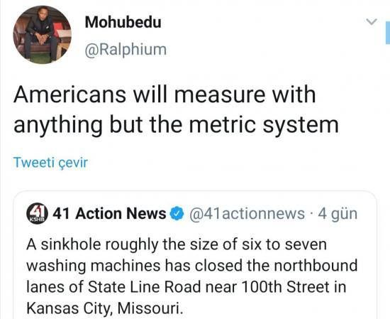 @ralphium - Americans will measure with anything but the metric system in response to 41 action news report: A sinkhole roughly the the size of six to seven washing machines has closed the northbound lanes of State Line Road near 100th Street in Kansas City, Missouri