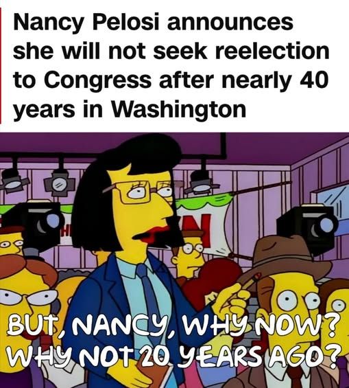 nancy pelosi announces she will not seek reelection to congress after nearly 40 years in washington 

[pic of simpson's reporter asking 'but, nancy, why now? why not 20 years ago?']