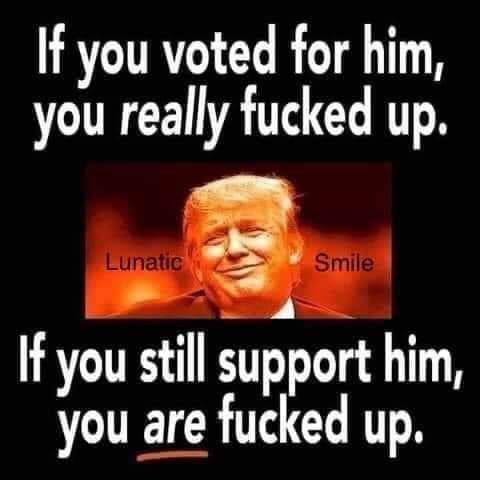 if you voted for him, you really fucked up. [pic of trump and it says lunatic smile] if you still support him, you ARE fucked up
