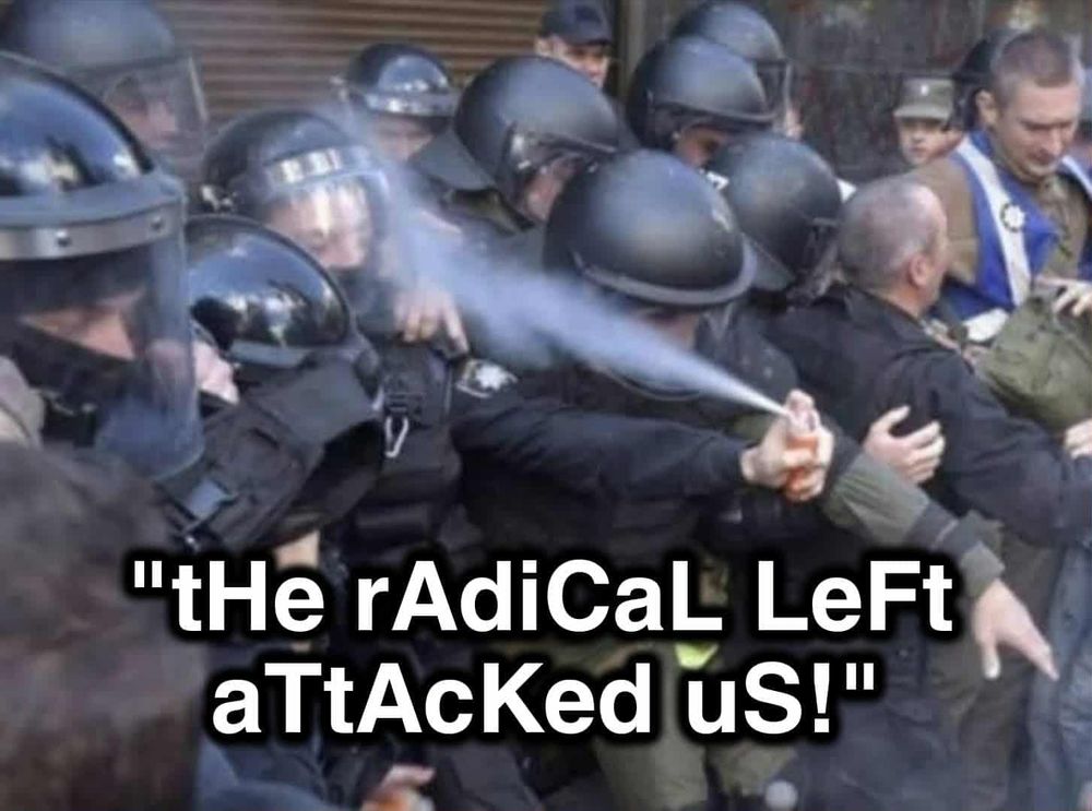 a bunch of riot politce with their helmets on and one of them is spraying the pepper spray back into one of his own police officer's faces

"tHe rAdiCaL LeFt aTtAcKed uS!"
