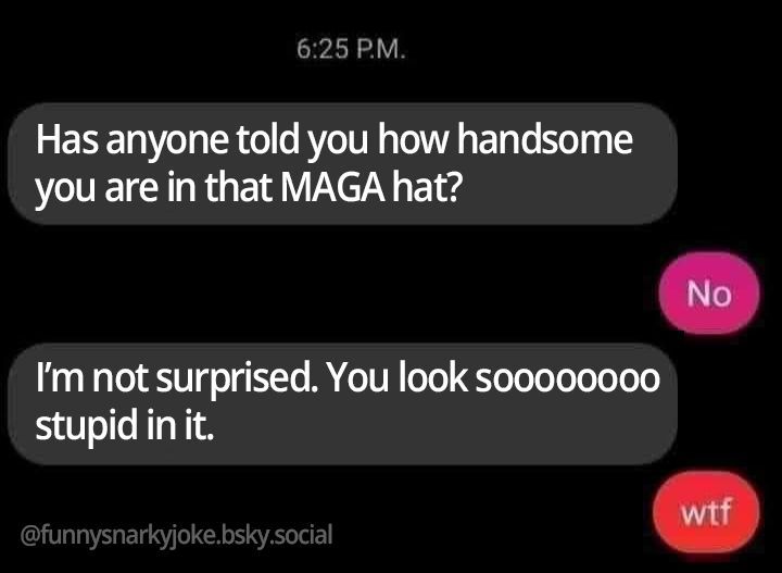 text message

1st person - has anyone told you how handsome you are in that MAGA hat?

2nd person - no

1st person - I'm not surprised. You look soooooooo stupid in it.

2nd person - wtf