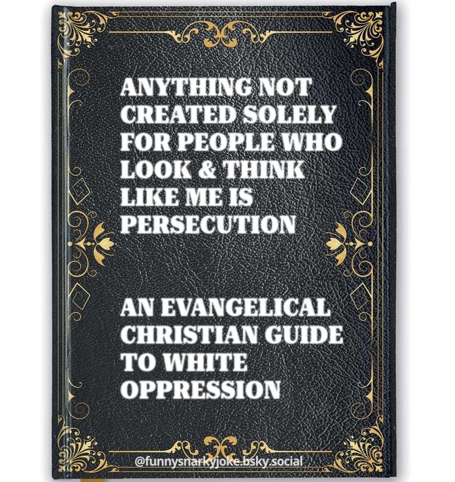 a book that says: ANYTHING NOT CREATED SOLELY FOR WHO LOOK & THINK LIKE ME IS PERSECUTION AN EVANGELICAL CHRISTIAN GUIDE To WHITE OPPRESSION