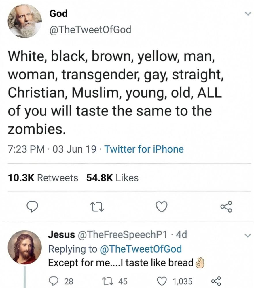 @thetweetofgod

White, black, brown, yellow, man, woman, transgender, gay, straight, Christian, Muslim, young, old, ALL of you will taste the same to the zombies.

Jesus replies

I taste like bread