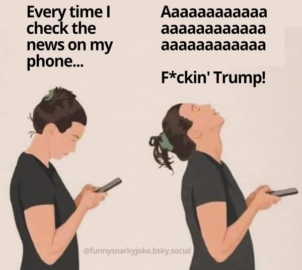 every time i check the news on my phone.... [a woman looking at her phone]

Aaaaaaaaaaaaaaaaaaaaaa F*ckin' Trump! [a woman holding her phone looking up with her eyes closed, like ugggggggghhhhh