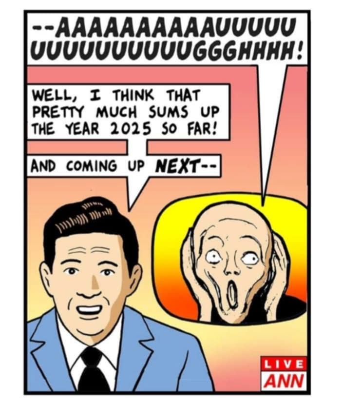 the scream painting saying '--AAAAAAAAAAAAAUUUUUUUUUUUUGGGGHHHH!' and reporter saying 'well, i think that pretty much sums up the year 2025 so far! and coming up NEXT--'

Live
Ann