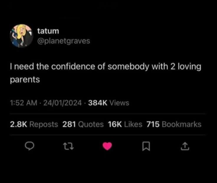 @planetgraves on x

i need the confidence of somebody with 2 loving parents