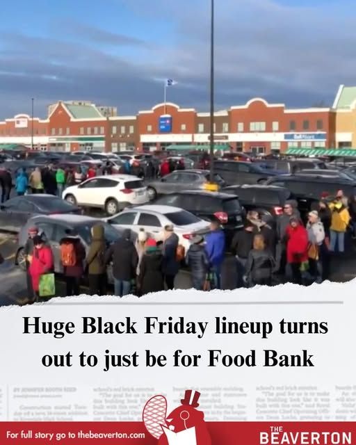 pic of a huge wrapped around line in a parking lot of a supermarket or outside mall - huge black friday lineup turns out to just be for a food bank - for full story go to thebeaverton.com