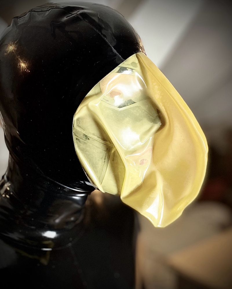Er trägt eine schwarze Latexmaske. Darüber eine halbtransparente Maske mit kleinem atemloch.