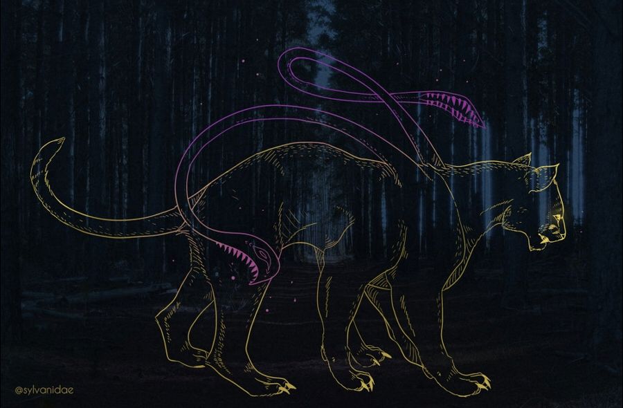 Golden linework art of a Displacer Beast (A panther-like monster with tentacles) from Dungeons and Dragons