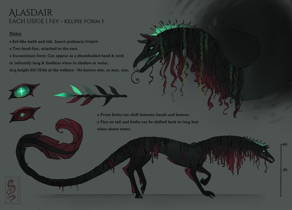 Reference & Design sheet for a Kelpie character. It has a mix of eel & equine features, with a dark green & burgandy colour pallette.