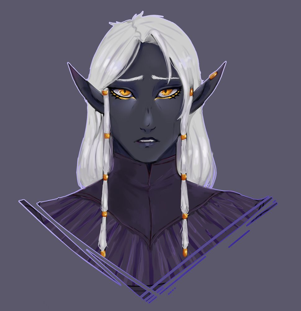 Portrait of my D&D character, a shy drow grave cleric.