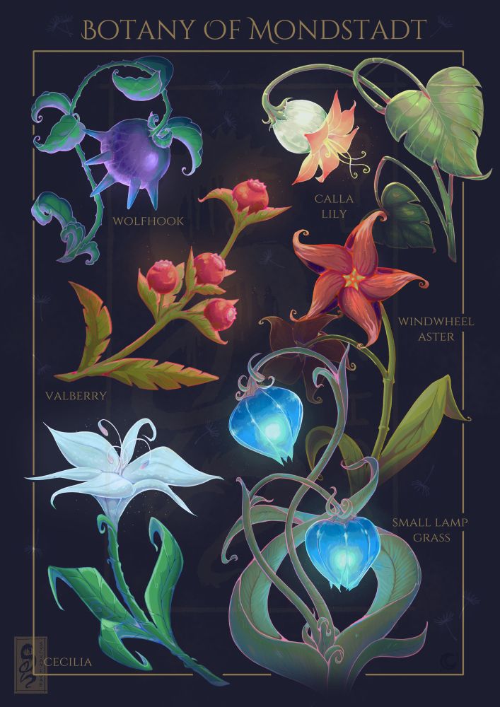 Victorian style botanical poster featuring the plants of Mondstadt, from the video game Genshin Impact. (Dark Version)