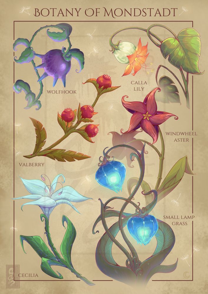 Victorian style botanical poster featuring the plants of Mondstadt, from the video game Genshin Impact. (Light Version)