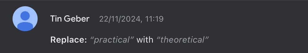 screenshot of a google docs revision comment that says “replace practical with theoretical”