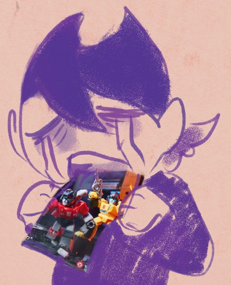 Doodle of Devil Roxy crying eating paper with her blorbos on it 