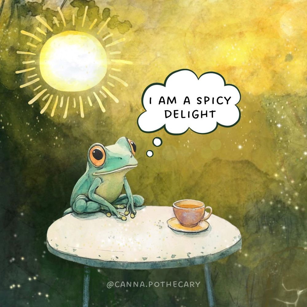 frog sitting on a table. cup of tea across from frog. bright sun behind frog. thought bubble above frogs head says “i am a spicy delight”