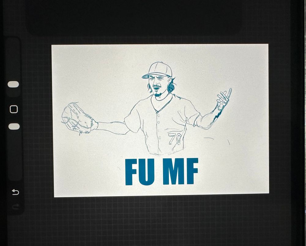 Photo of an iPad with a drawing of a man with arms raised 