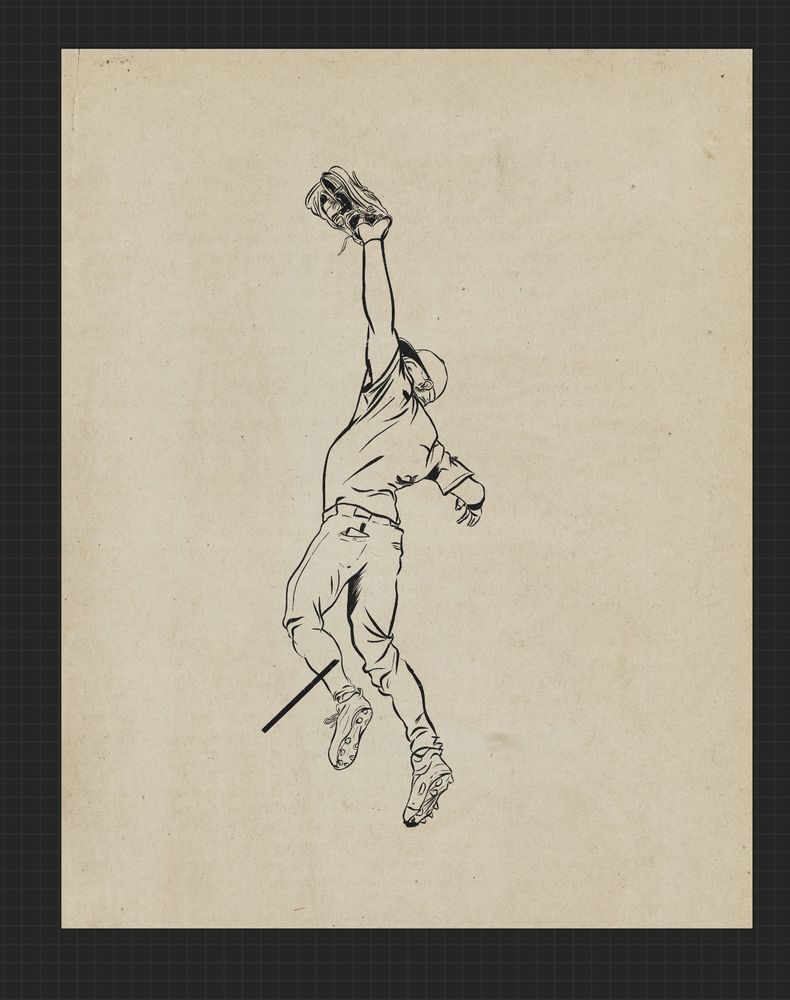 Ink drawing of a man jumping up to catch a ball