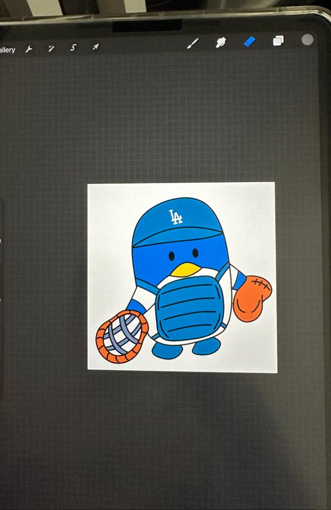 Cartoon blue penguin dressed as a baseball catcher 