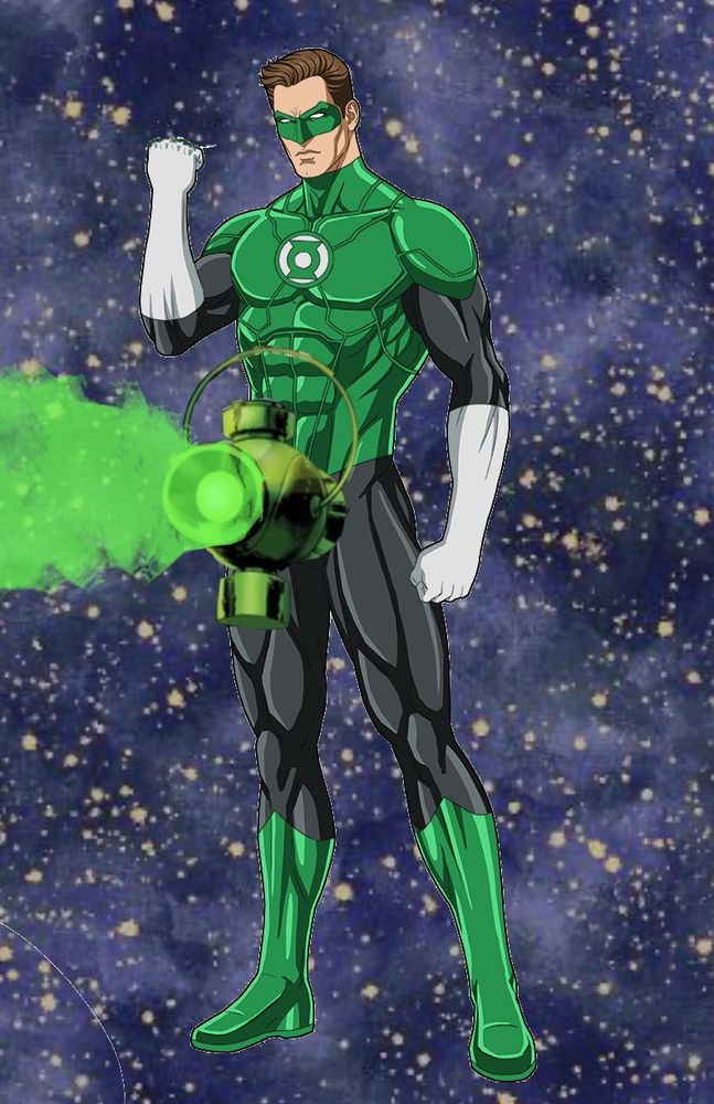 Hal Jordan in Green Lantern costume, a power battery is strapped to his groin