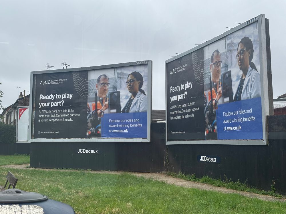 Two side-by-side hoardings carrying the same advert for posts at the Atomic Weapons Establishment 