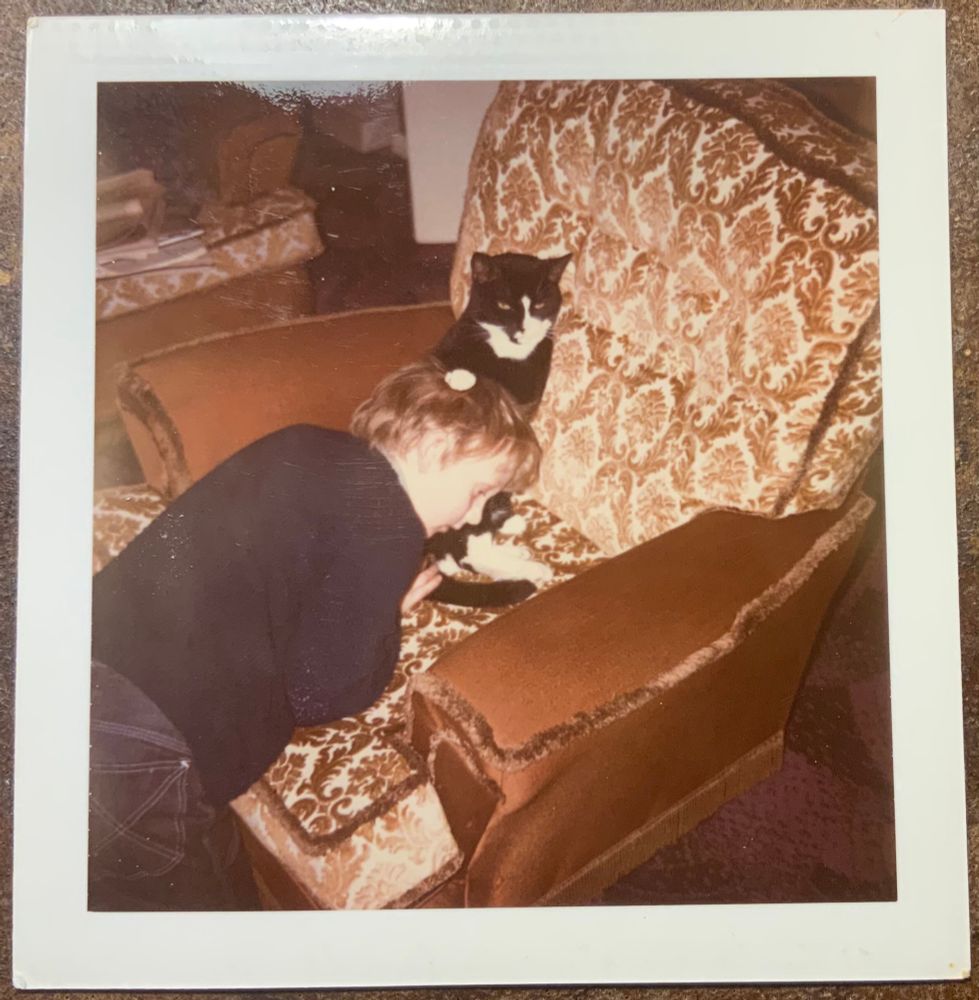 An ancient 1970s picture of a young boy kneeling forward onto a very 70s armchair.  A black and white cat is sat up, human-like on the chair, with one paw on the boy’s head, like perhaps the lad is now a Made Man
