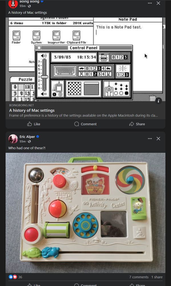 Consecutive Facebook posts, one about the history of the Mac settings dialog, one of the vintage Fisher-Price Activity Center child's toy, and the similarities are striking.