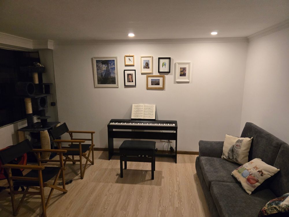 Sala con un piano y cuadros