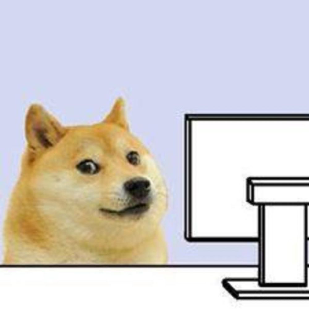 Doge meme (a shiba inu) sitting at a computer.
