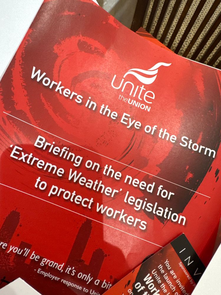Cover of briefing paper for Workers in the Eyenif the Storm report. This shows the need for Extreme Weather legislation to protect workers. 