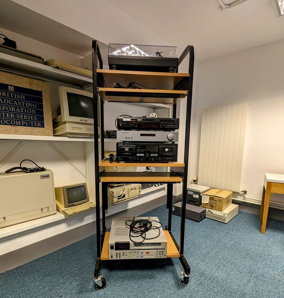 Photo of Digital Preservation Lab at Cambridge University Library with older computer and AV hardware.